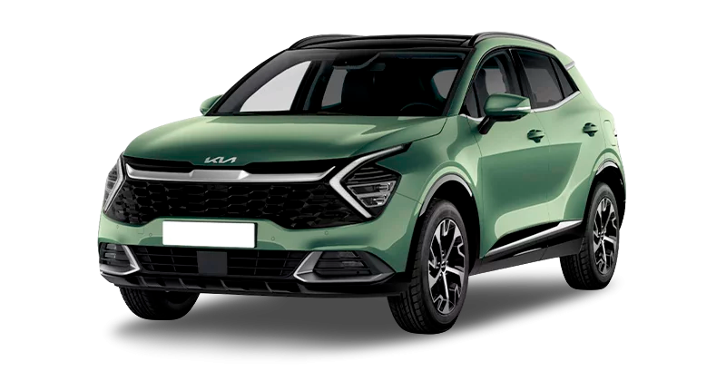 Renting Coches Kia Sportage1.6 HEV Drive Experience Green, Dark Penta Metal, Deluxe White